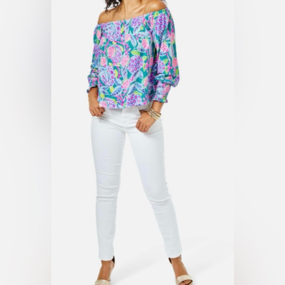 LILLY PULITZER Lana Off the Shoulder Top Maldives Green Turtle Wave Size XL - Picture 2 of 11